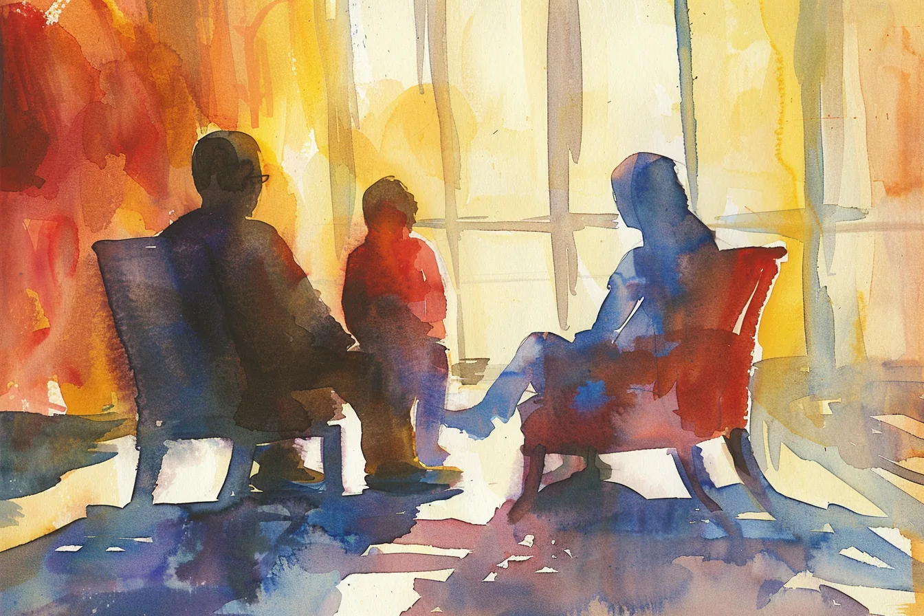Watercolour illustration of three people seated together in a family counselling session.